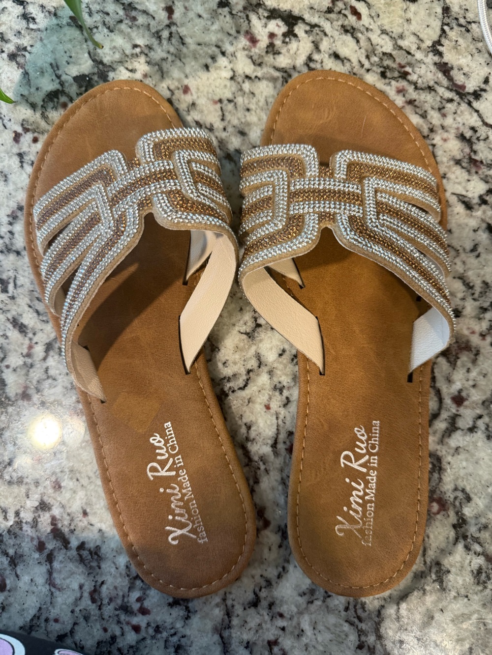 Women’s Rhinestone Embellished Slide Sandals – Tan/Cream – Size 9.5